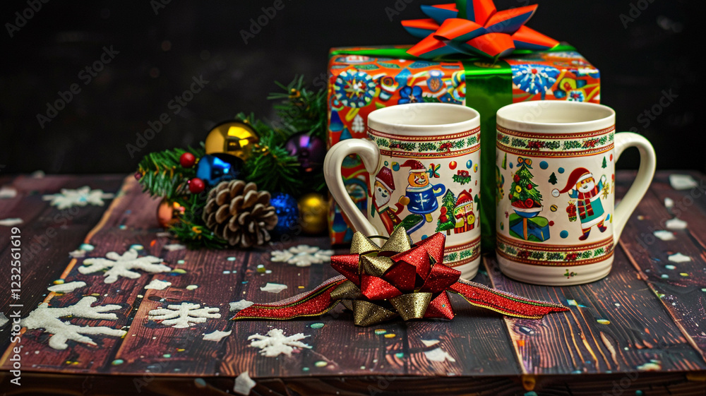 Fototapeta premium A festive gift set with a pair of holiday-themed mugs, wrapped with colorful paper and a bow