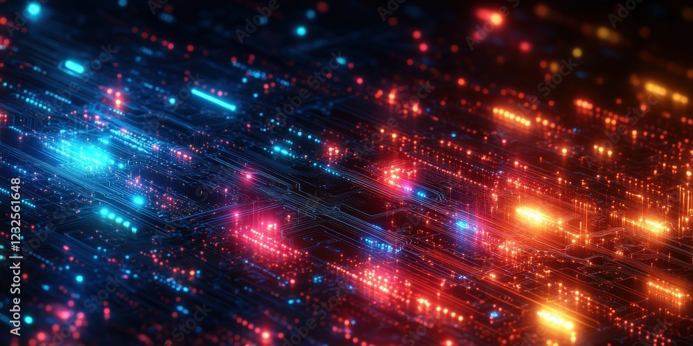 Naklejka premium Close up of a computer circuit board with glowing lights and intricate electronic components