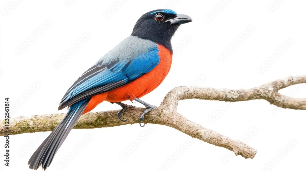 Fototapeta premium Colorful bird perched on branch, white background, nature wildlife, perfect for wildlife illustrations