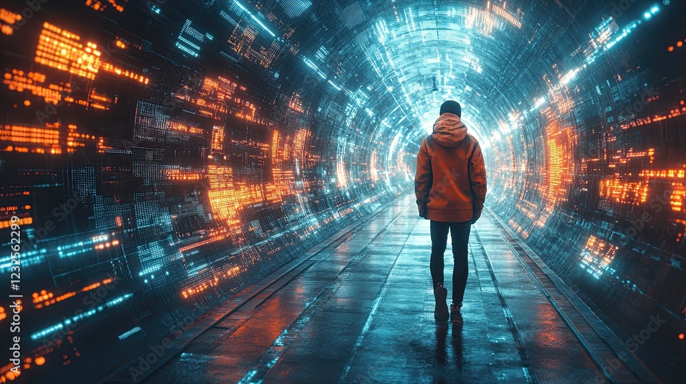 Futuristic Tunnel of Light with Reflective Surfaces, Depicting Advanced Technology, Data Flow, or Sci-Fi Concepts of Time Travel and Energy Transfer Futuristic Tunnel of Light with Reflective Surfaces, Depicting Advanced Technology, Data Flow, or Sci-Fi Concepts of Time Travel and Energy Transfer