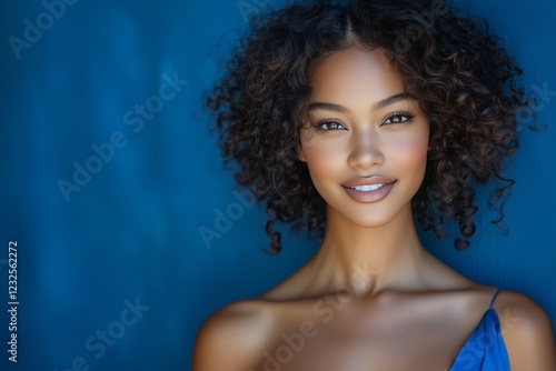 Bright smile of young woman against a vibrant blue background, capturing conf...