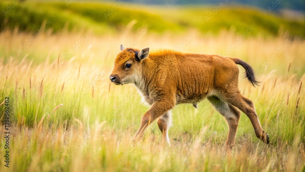 Young Brown Calf Grazing in Lush Green Field under Sunny Sky Young Brown Calf Grazing in Lush Green Field under Sunny Sky