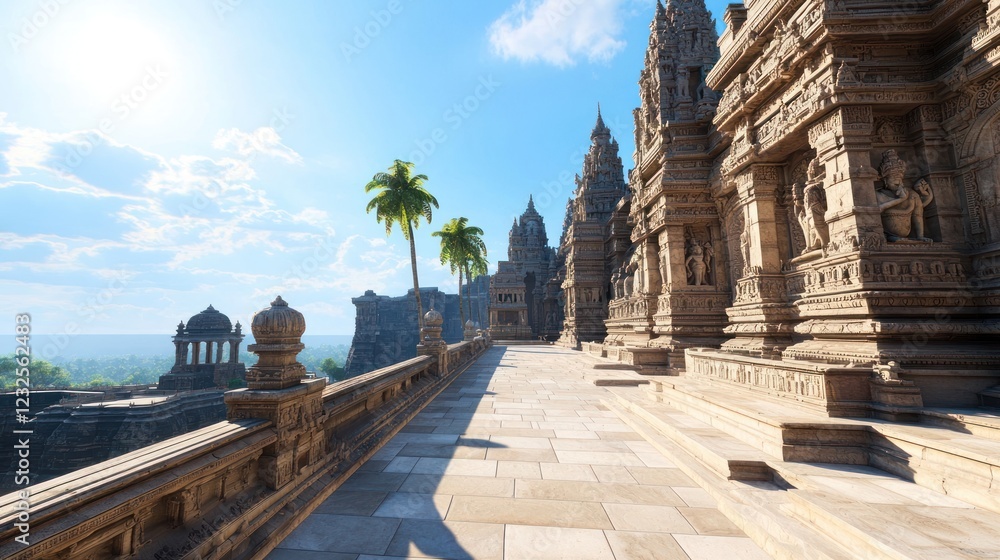 Obraz premium Ancient Stone Temple Ruins Pathway Sunny Day