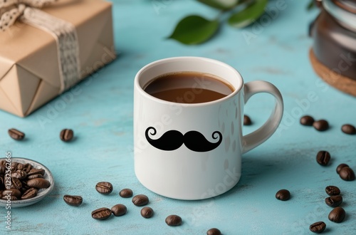 Coffee cup with a mustache design beside beans and a gift box on a turquoise ...