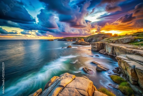 Long Exposure Photography of Vastra Gotaland, Sweden's Dramatic Coastline at Dusk photo