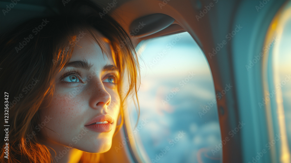 Contemplative woman gazing out of an airplane window during sunset over the clouds. Generative AI Contemplative woman gazing out of an airplane window during sunset over the clouds. Generative AI