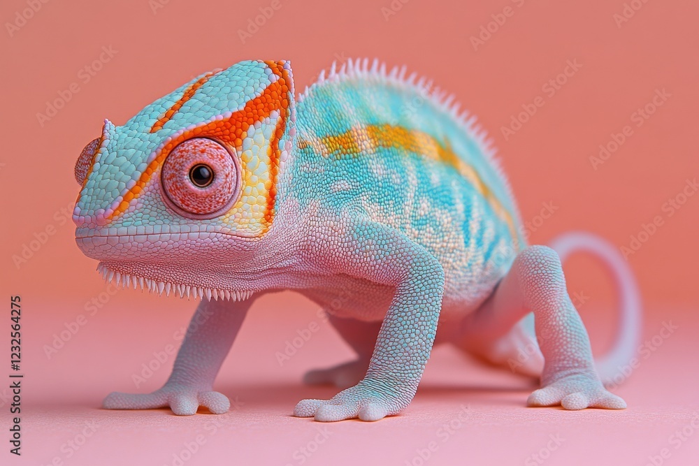 Obraz premium Colorful chameleon showcases vibrant hues on pastel backdrop in sunny setting