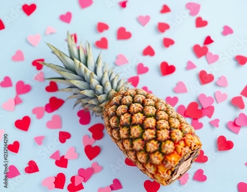 an image of a pineapple on a table with hearts scattered around it. photo