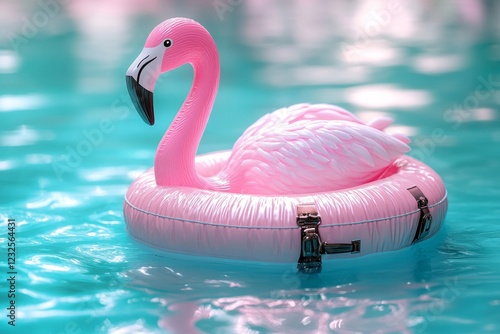 Float adorned with a flamingo design relaxing in a swimming pool under bright sunlight photo