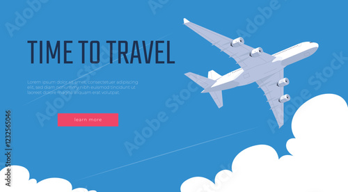 Banner with airplane time to travel. Airplane on the background of the sky. Fast and convenient long-distance travel. Vacation with the border. Vector illustration