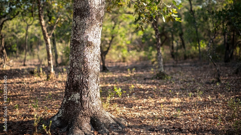 Tree Trunk in Lush Green Forest with Sunlight on Ground Below Tree Trunk in Lush Green Forest with Sunlight on Ground Below