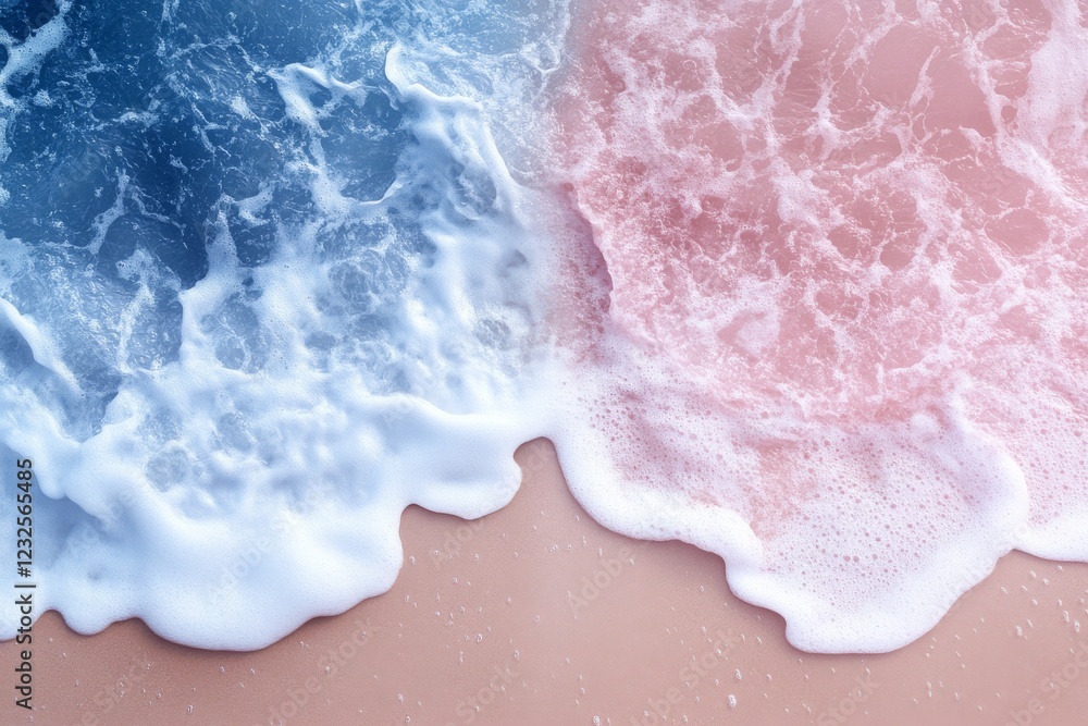 Fototapeta premium Waves crashing on a sandy beach create a beautiful blend of blue and pink during sunset hours