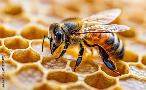 Close-up view of a bee collecting nectar from honeycomb in a vibrant hive