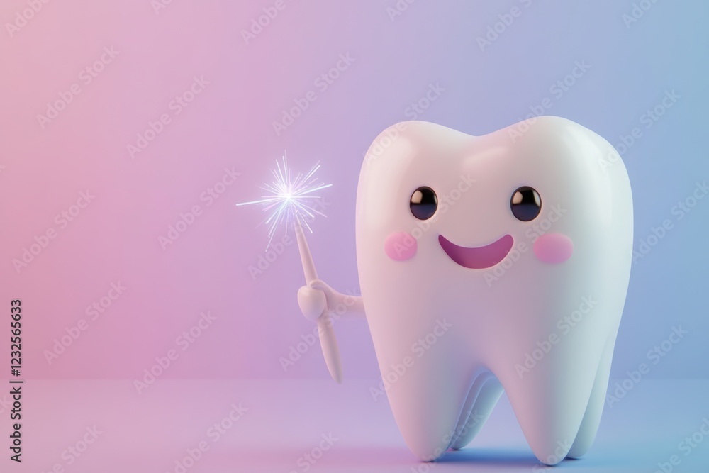 A 3D rendering of a shiny white tooth character with friendly eyes, a smile, fairy wings, and a wand. Positioned off-center, leaving space for text. Bright gradient background with soft lighting. A 3D rendering of a shiny white tooth character with friendly eyes, a smile, fairy wings, and a wand. Positioned off-center, leaving space for text. Bright gradient background with soft lighting.