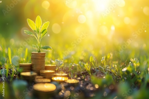 Growing plant on stacks of coins in sunlight highlighting the connection between nature and finance photo