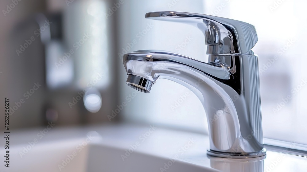 Modern Chrome Faucet on Bright Bathroom Countertop with Sink Modern Chrome Faucet on Bright Bathroom Countertop with Sink