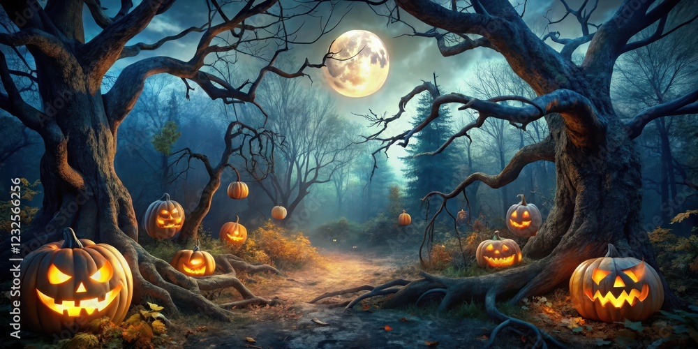 Dark autumn forest with glowing jack-o'-lanterns and twisted tree branches illuminated by a full moon Dark autumn forest with glowing jack-o'-lanterns and twisted tree branches illuminated by a full moon
