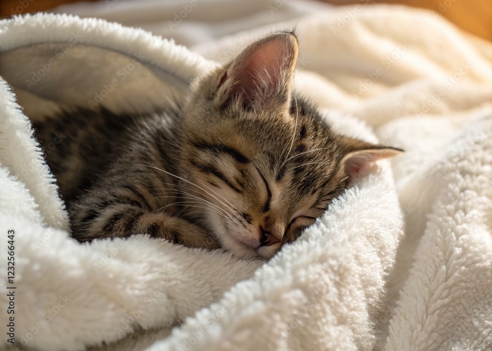 Obraz premium Adorable sleeping kitten, close-up in a warm home.