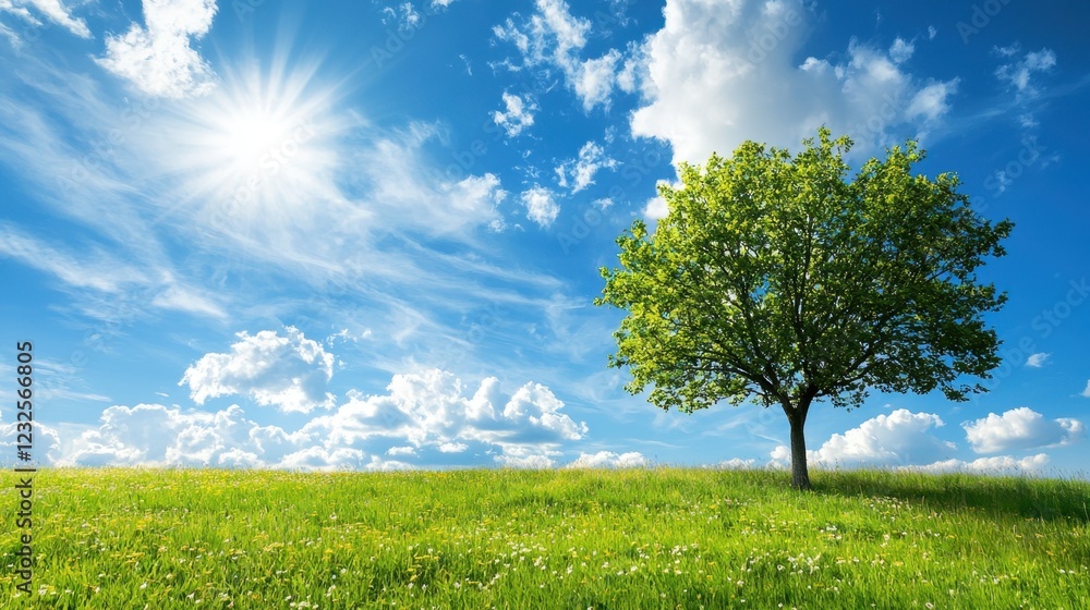 Obraz premium Lush Green Tree on Vibrant Grassland Under a Bright Blue Sky