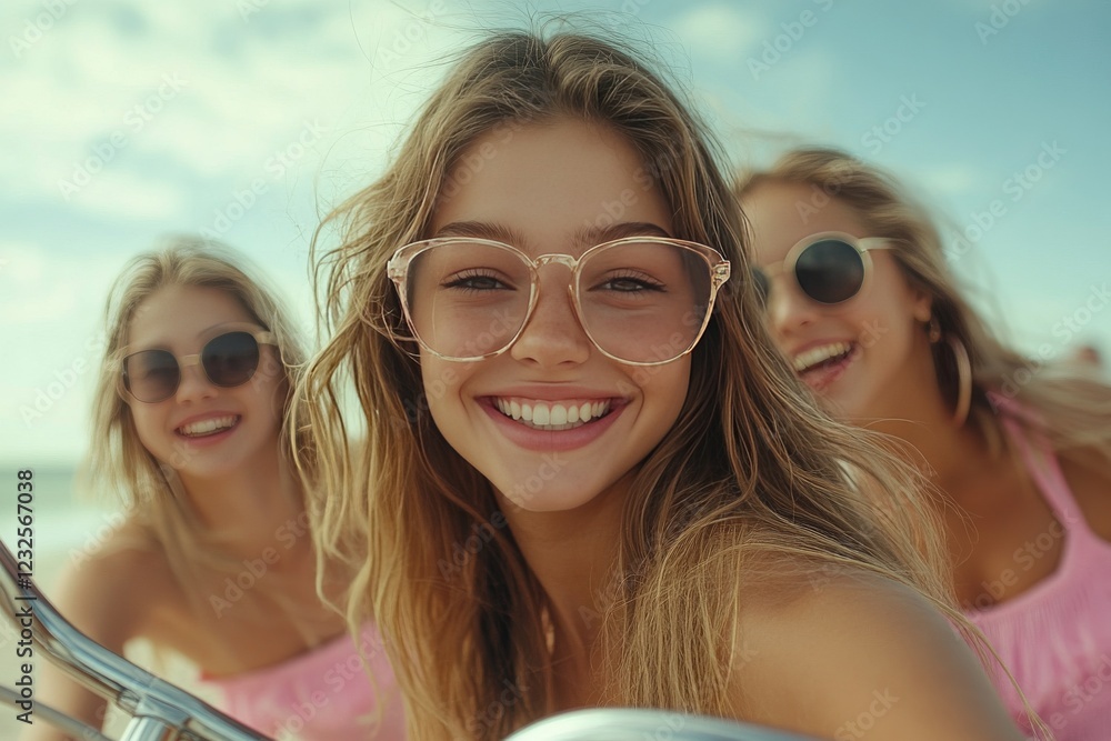 Smiling friends enjoying a sunny day at the beach with carefree vibes and stylish sunglasses Smiling friends enjoying a sunny day at the beach with carefree vibes and stylish sunglasses