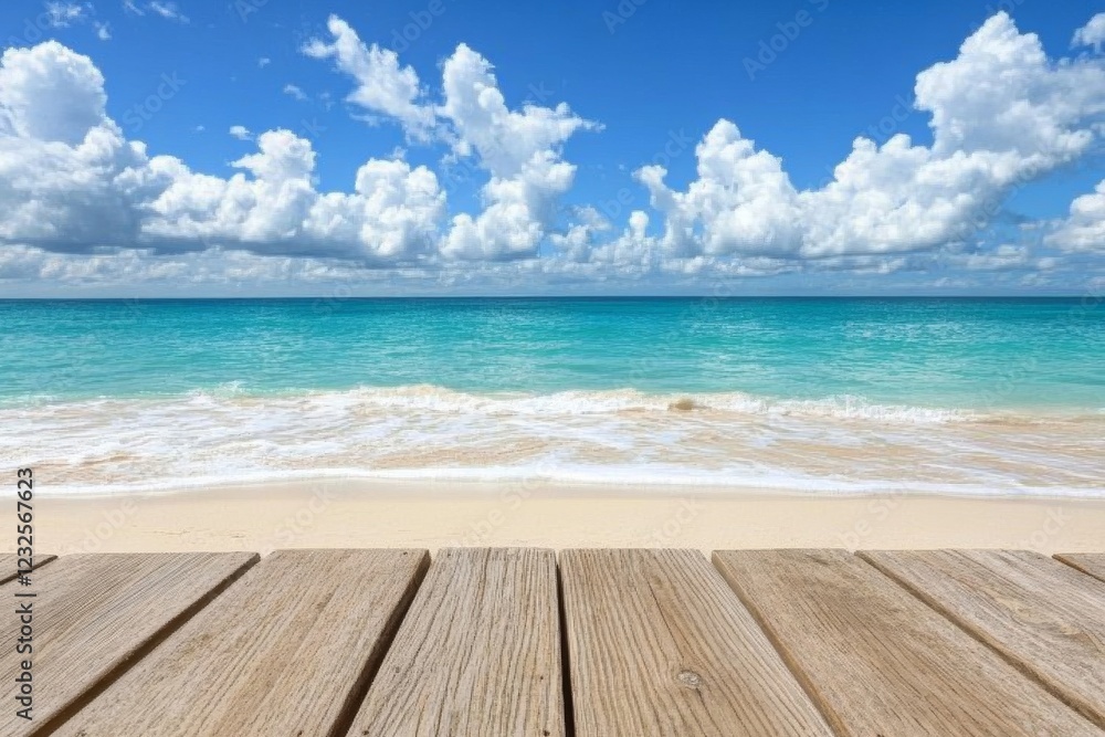 Fototapeta premium Beautiful turquoise ocean meets bright blue sky with fluffy clouds near sandy beach in daytime