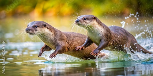 Two Playful Otters Splashing Through Water in Natural Habitat photo