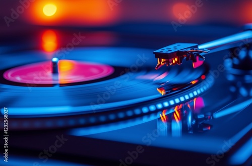 Vinyl record player in vibrant lighting during a music listening session at n...