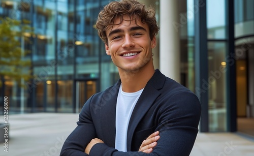 Confident young man smiling in modern urban environment with glass architecture