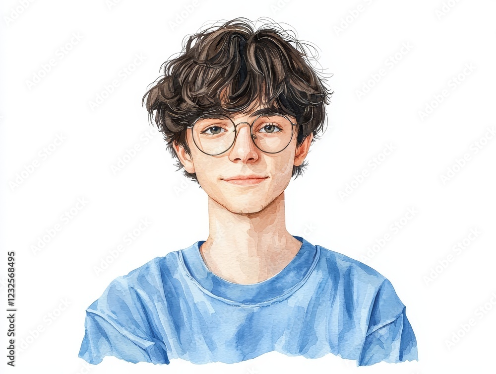 Fototapeta premium Expressive illustration, portrait of a young boy with spectacles, simple drawing