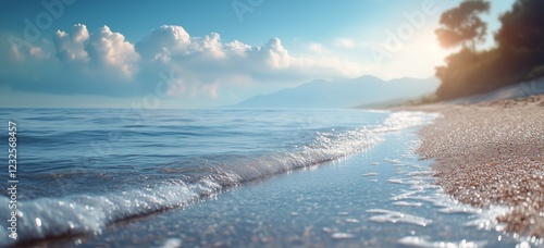 Serene ocean shoreline with gentle waves and distant mountains at sunrise