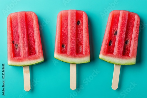 Watermelon popsicles arranged on a bright blue background offer a refreshing summer treat for all ages photo