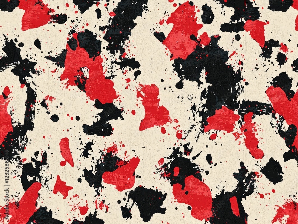 Abstract Splashes of Red and Black: A bold, graphic abstract pattern of red and black paint splatters on a textured cream background. Abstract Splashes of Red and Black: A bold, graphic abstract pattern of red and black paint splatters on a textured cream background.