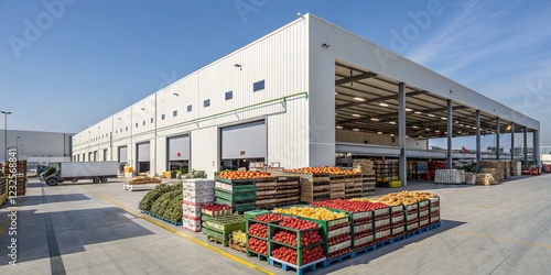 AI-generated food photography in a wide warehouse, blue sky backdrop.