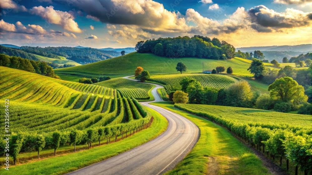 Fototapeta premium Kentucky's Richmond: a panoramic landscape of county roads winding through rolling hills and vineyards.