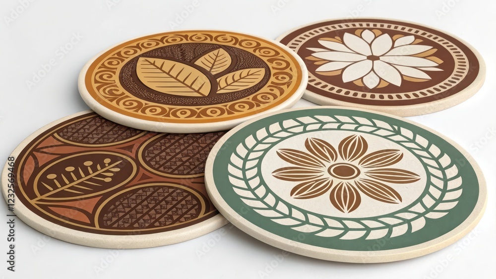A Set of Four Decorative Coasters Featuring Artistic Floral and Leaf Designs in Earthy Tones A Set of Four Decorative Coasters Featuring Artistic Floral and Leaf Designs in Earthy Tones