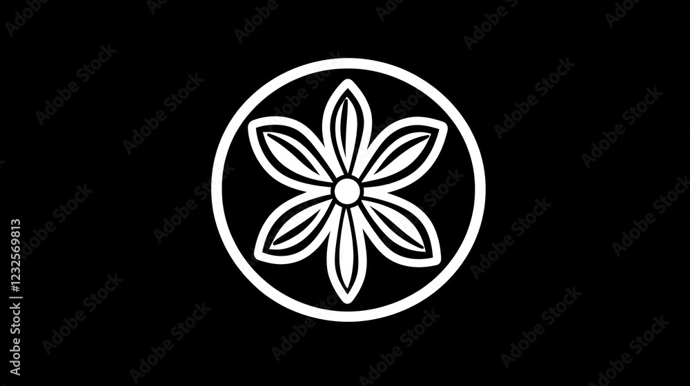 White flower circle, black background, design element White flower circle, black background, design element