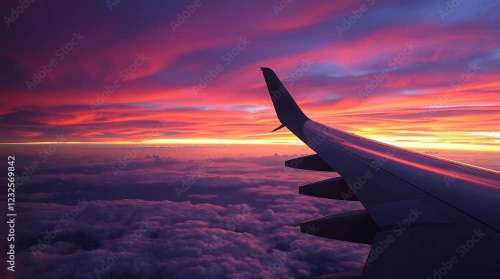 Sunrise view from an airplane window over vibrant city skyline Sunrise view from an airplane window over vibrant city skyline