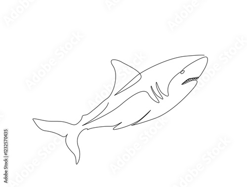 Continuous one line drawing of Great white shark in the sea. Shark fish in single line draw illustration. Editable stroke.