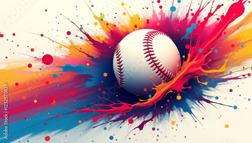 Fototapeta Naklejka Na Ścianę i Meble -  Baseball with abstract paint splash effect explosive colors, and white  background, sports art. Generative Ai