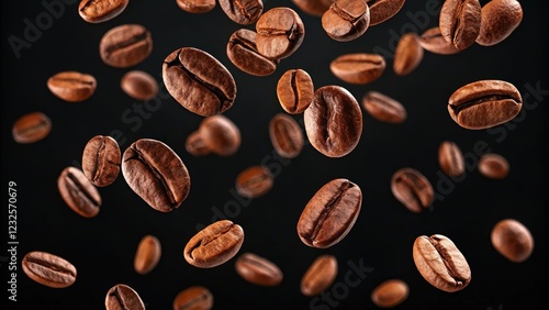Roasted coffee beans falling against a dark background, a captivating display of rich brown hues and natural textures.