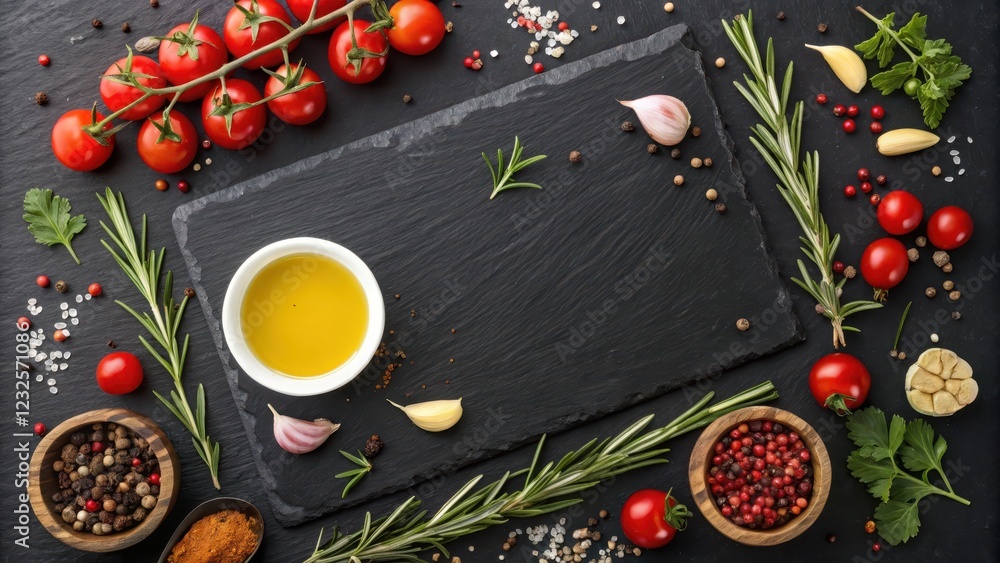 Aromatic Herbs, Spices, and Fresh Tomatoes Arranged Around a Slate Serving Board with Olive Oil Aromatic Herbs, Spices, and Fresh Tomatoes Arranged Around a Slate Serving Board with Olive Oil