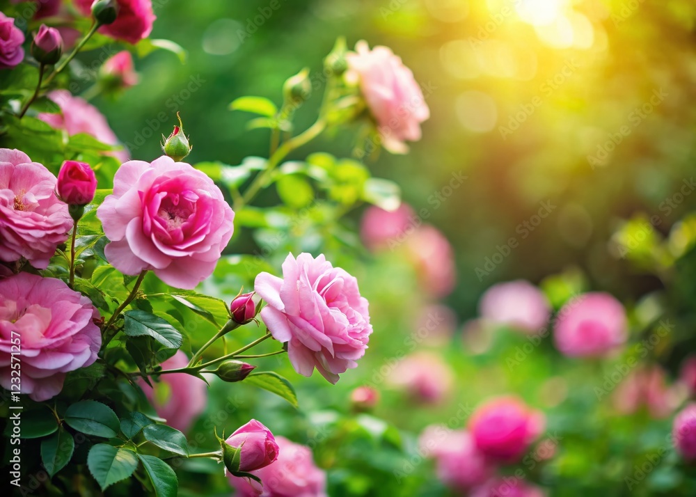 Lush Spring Garden: Blurred Background of Blooming Wild Roses & Green Foliage Lush Spring Garden: Blurred Background of Blooming Wild Roses & Green Foliage