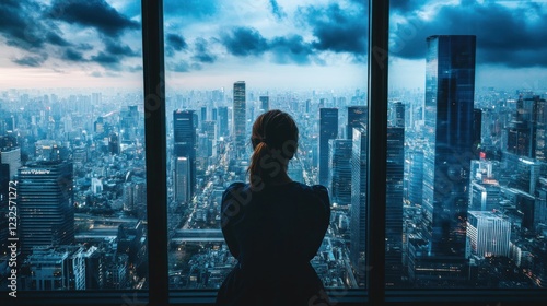 Cityscape Vista  A Woman Gazing at the Urban Panorama from a High-Rise Building
