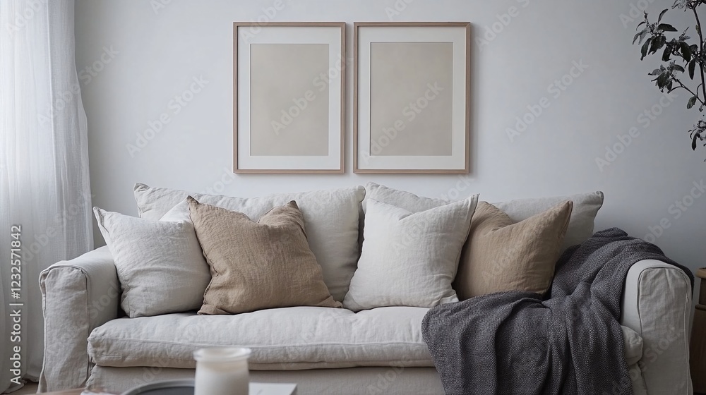 Fototapeta premium A cozy living room with two different views of a white couch and framed landscape art.