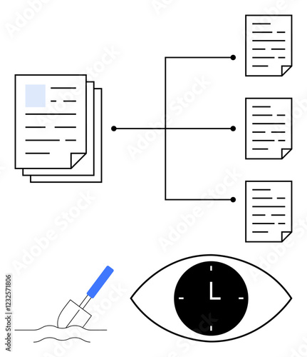 Stack of documents flowing into subcomponents with a branching diagram, eye with clock for time observation, and digging trowel. Ideal for workflow, research, analytics, task management