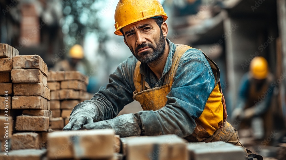A construction worker with a beard and mustache is leaning on a stack of bricks. A construction worker with a beard and mustache is leaning on a stack of bricks.