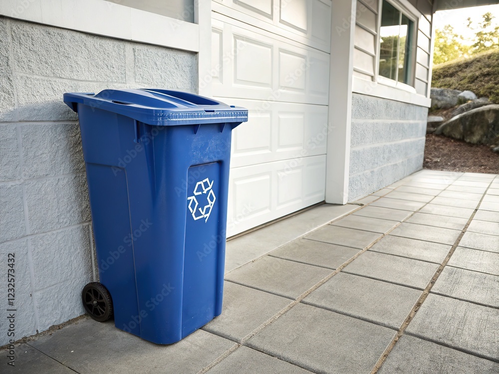 Blue recycling bin, left. Copy space for design. AI generated. Blue recycling bin, left. Copy space for design. AI generated.