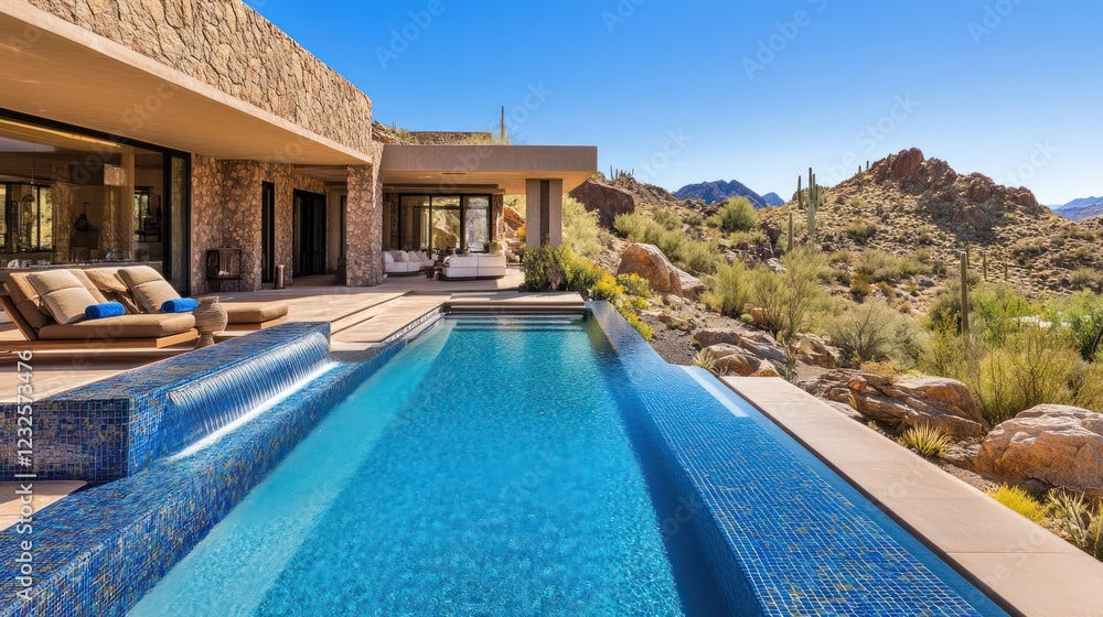 Fototapeta premium Desert luxury home pool, mountain view, relaxation