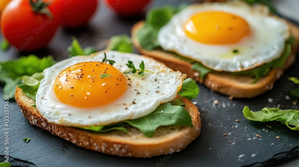 Delicious fried eggs on toast with spinach and herbs, a perfect healthy breakfast or brunch recipe. Delicious fried eggs on toast with spinach and herbs, a perfect healthy breakfast or brunch recipe.