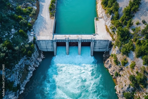 Eco Products and Hydro Energy. Aerial view of a dam releasing water into a river surrounded by greenery. photo